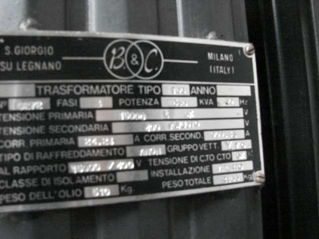 TRASFORMATORE DA KWA. 630 MARCA BERTELLI & CAMPESATO LEGNANO